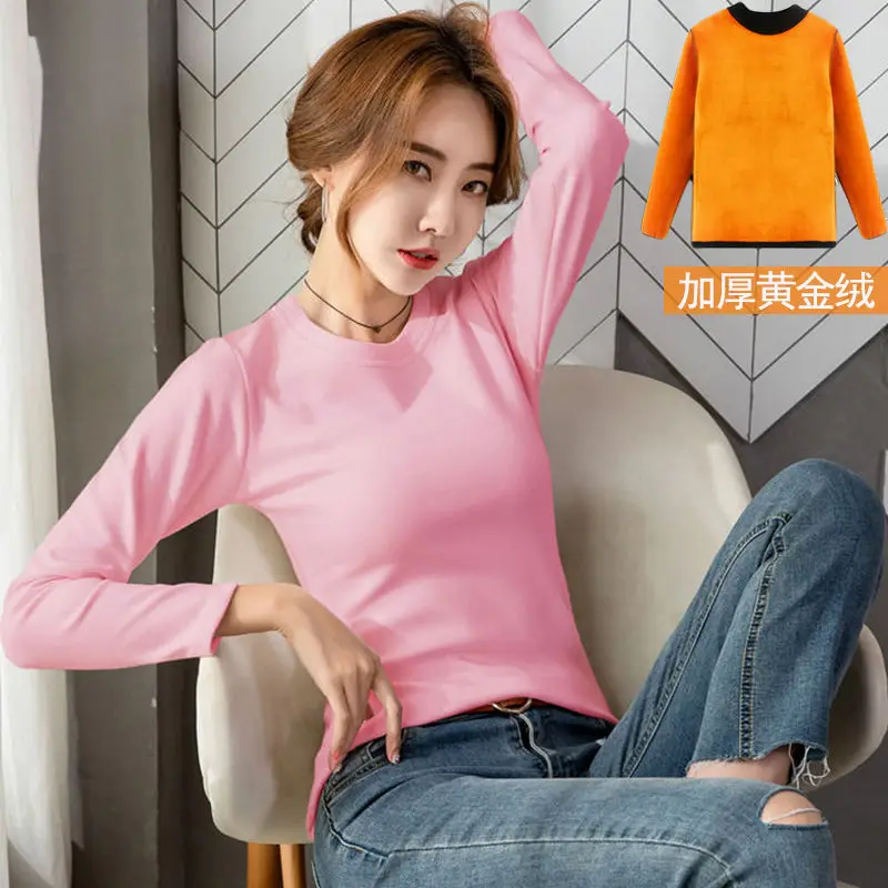 Winter Thermal Underwear Women Thickened Autumn Long Sleeve Velvet Tops Mid-high Collar Round Neck Bottoming Shirt