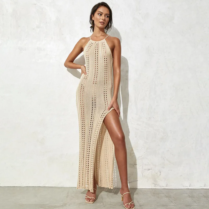 

Женское Трикотажное макси-платье на бретельках, Пляжная накидка с вырезами, сетчатый купальник для отдыха, 2023