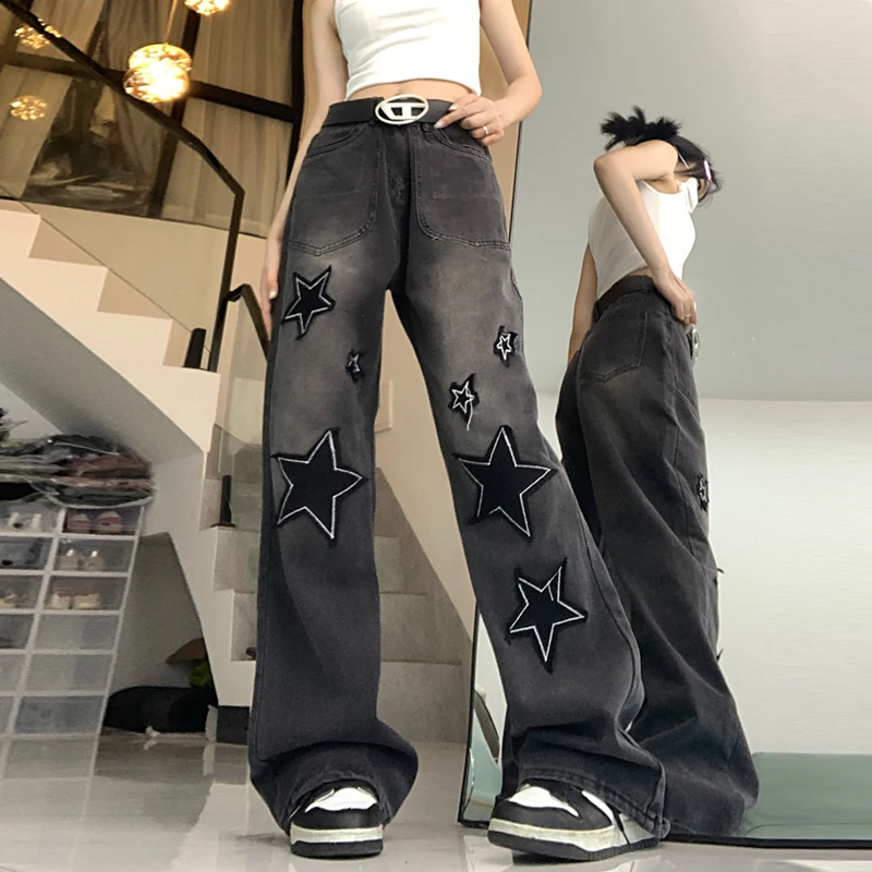 

Женские винтажные джинсы, Брендовые прямые повседневные брюки в стиле High Street с широкими штанинами, джинсы со звездами, одежда Y2K, уличная одежда, Корейская одежда
