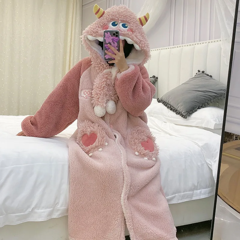 Women Sleepwear Winter Plush Pajamas Cartoon Hooded Coral Velvet Nightgown Loose Flannel Sleepdress Anime Cosplay Robe Nightwear