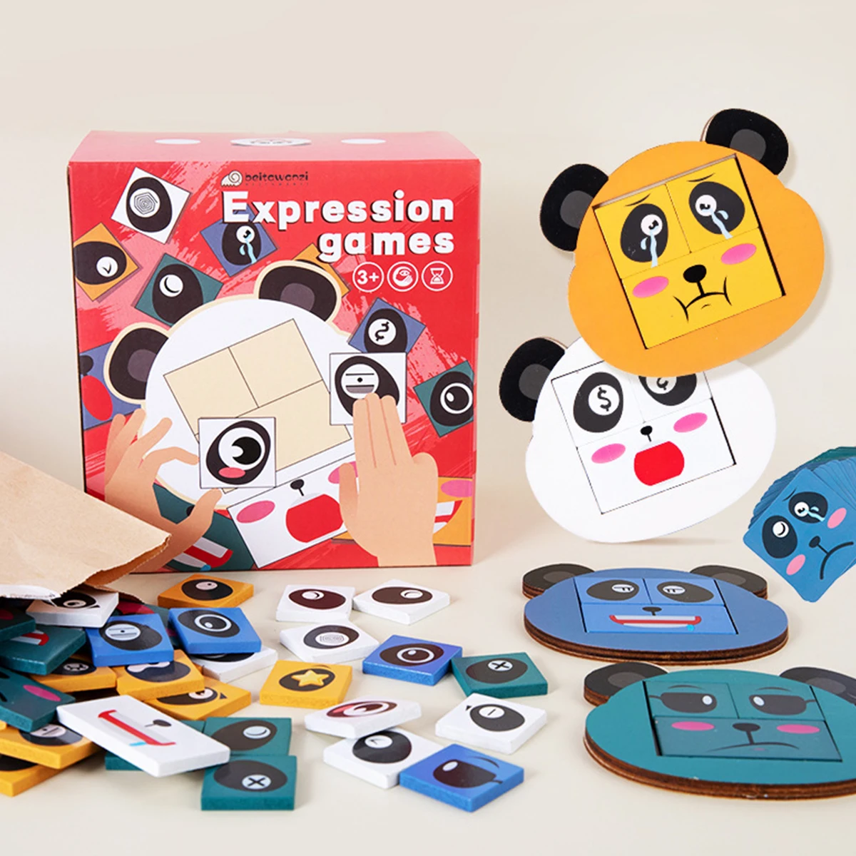 Kids Montessori Education Logical Thinking Brain Toy Face Change Board Game Wooden Child Panda Expression Matching Puzzles Toys