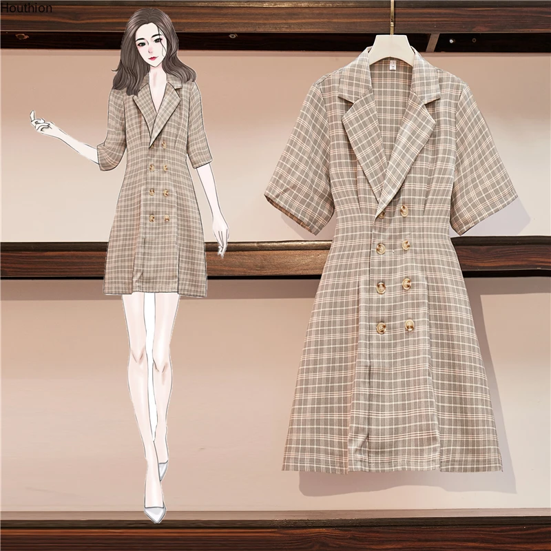 

Houthion Plaid Women's Dresses Short Sleeve Fashion Retro Midi Dress Button Knee-Length New Korean Summer