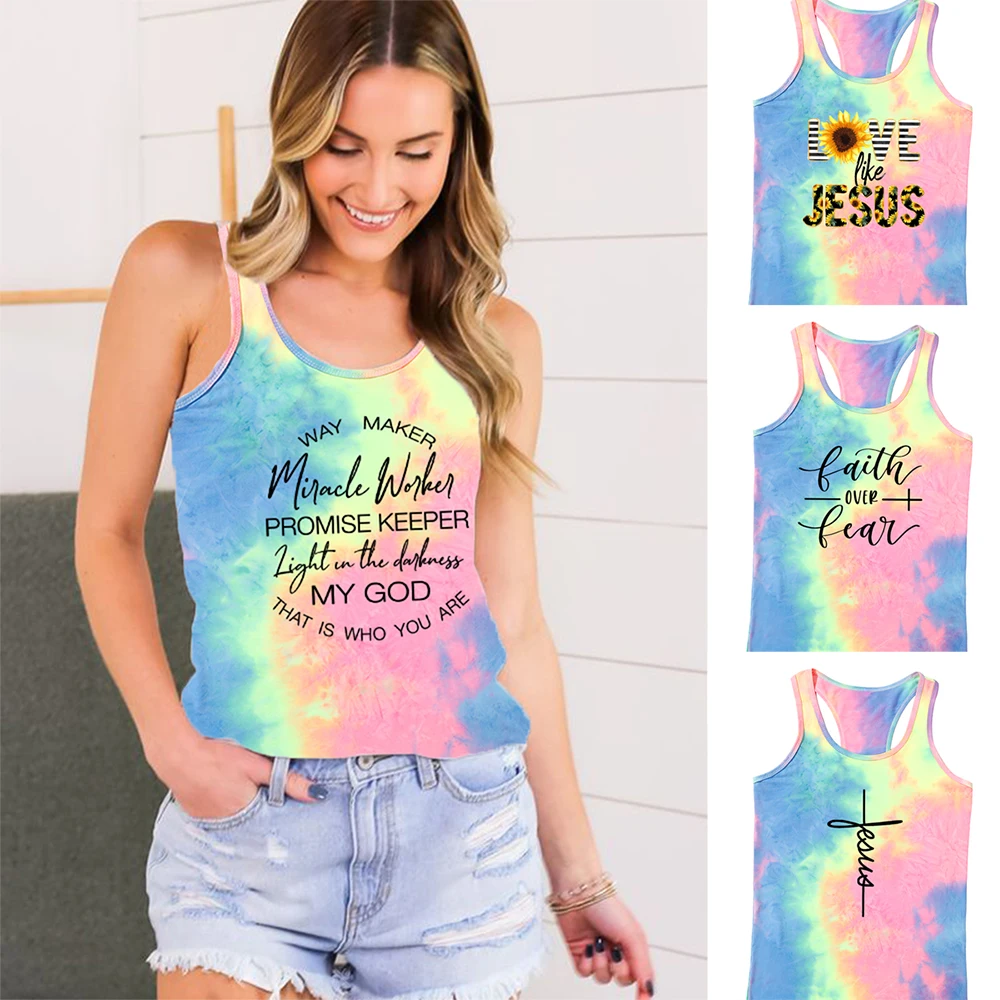

Jesus Is My God King Everything Women Vintage Tie Dye Tanks Tops Harajuku Christian Cross Faith Female Streetwear Graphic Vest