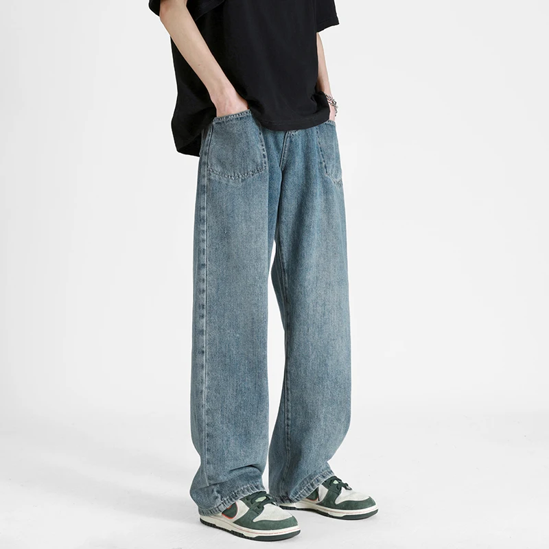 

2023 Autumn New Simple Casual Jeans Men Korean Fashion Front Pocket Loose Straight Wide Leg Pants Male Brand Clothing Light Blue