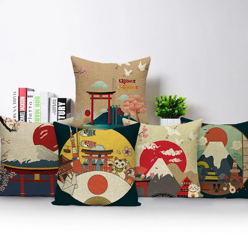 

Japanese Style Cushion Cover for Sofa Car Home Decor Pillow Cover Mount Fuji Sun Red-crowned Crane Throw Pillowcase