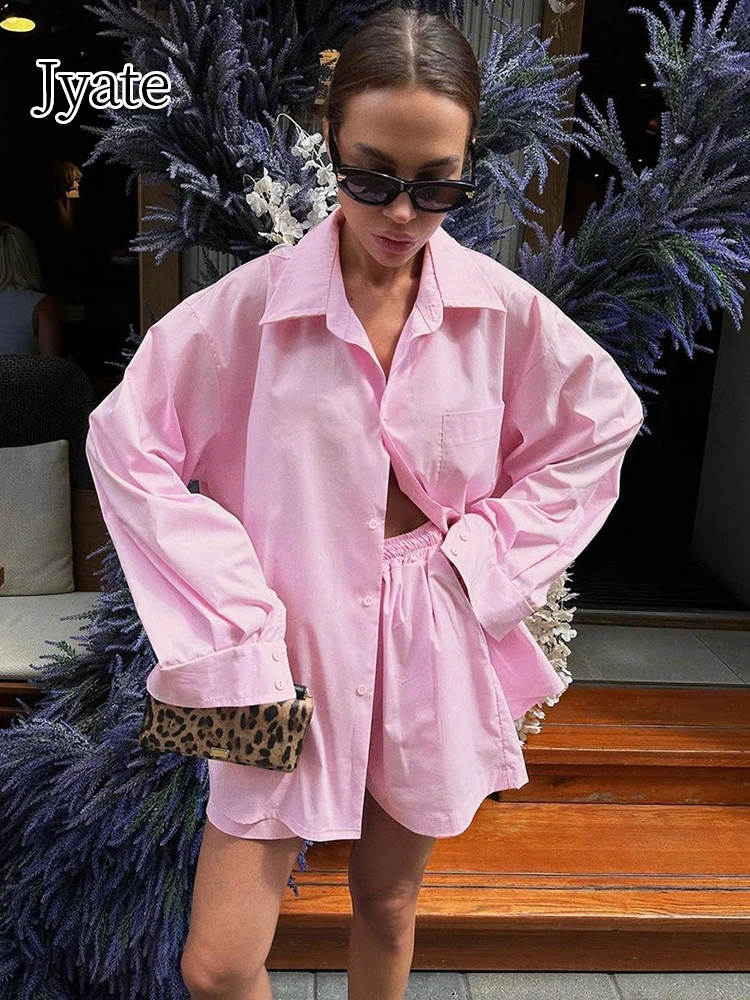 Jyate 2024 летний однотонный костюм с шортами женская рубашка отворотом и длинным
