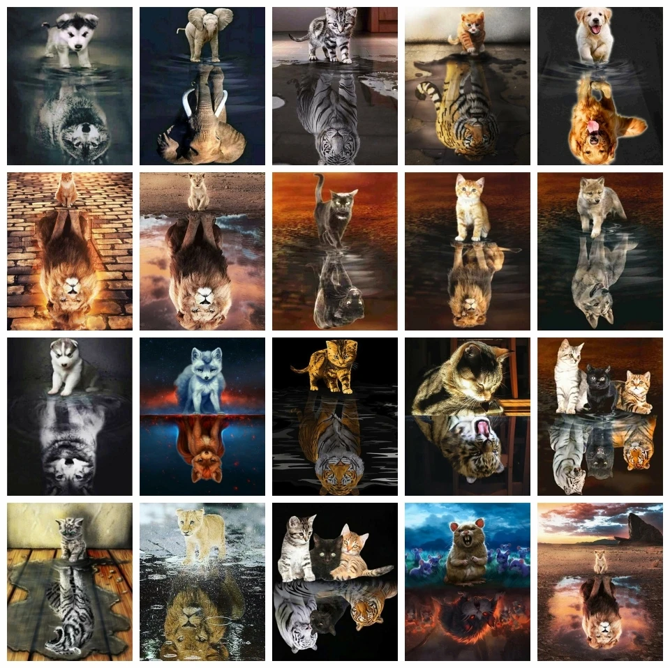 

AZQSD Acrylic Paint By Numbers Animal Reflection Dog Cat Picture Oil Painting By Numbers On Canvas Diy Gift Home Decoration