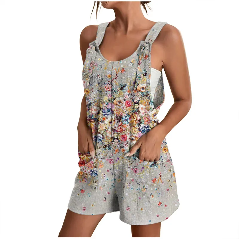 

Women Casual Lady 2023 Playsuits Sexy Straps Shorts Pants Floral Print Jumpsuits Summer Sleeveless Pockets Rompers Outfits H166