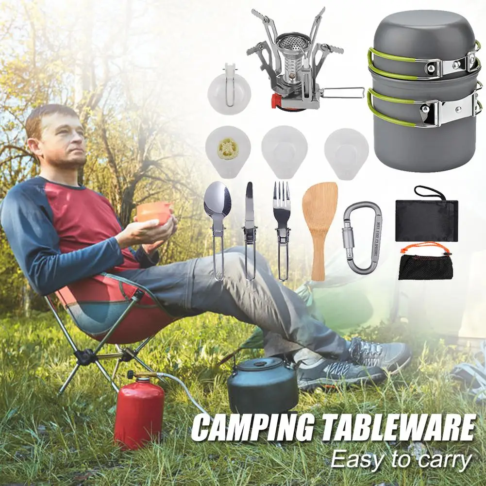 

Hot Sale Outdoor Tableware Wear-resistant Outdoor Camping Cookware Pot+Fork+Spoon+Table Knife+Fork+Stove Picnic Tools