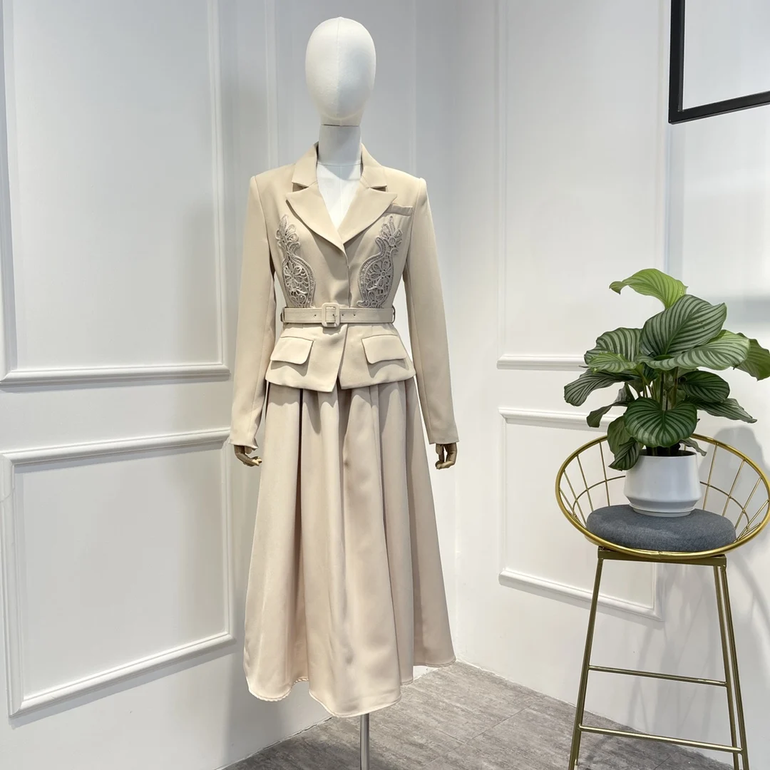 

Office Lady Style Elegant Faux Two Piece Dress 2022 Autumn New Cotton Lace Patchwork Long Sleeve Ruched Women Clothes