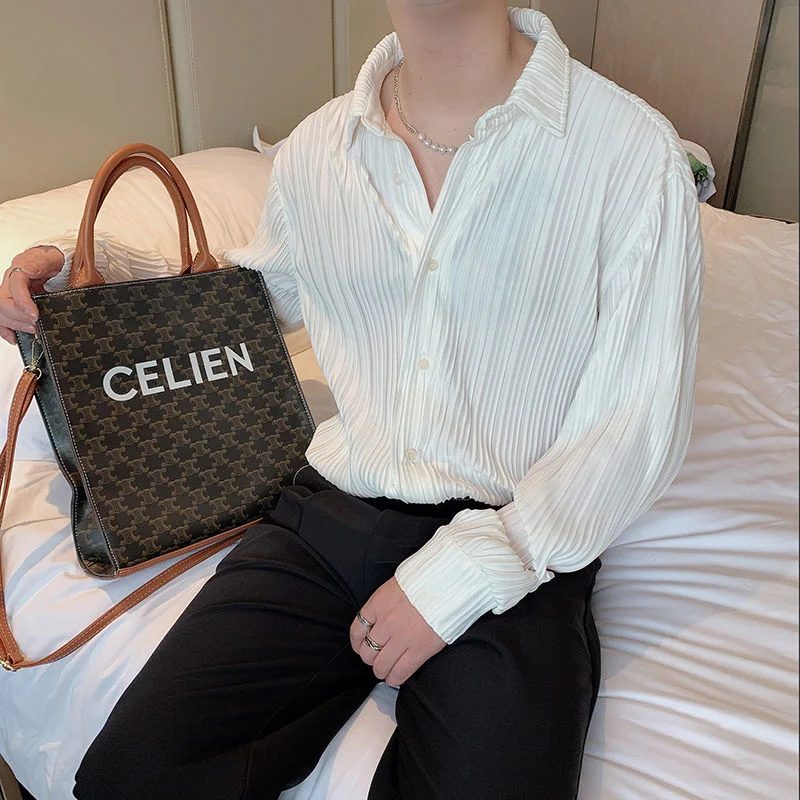 Рубашка мужская Плиссированная модная сорочка с длинным рукавом в британском