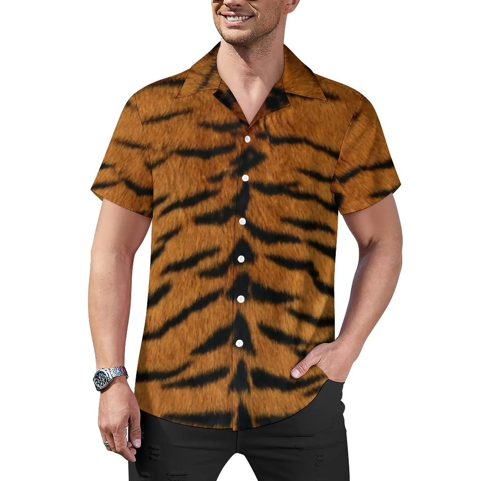 

Tiger Skin Print Loose Shirt Men Beach Modern Animal Casual Shirts Hawaiian Graphic Short-Sleeved Aesthetic Oversized Blouses