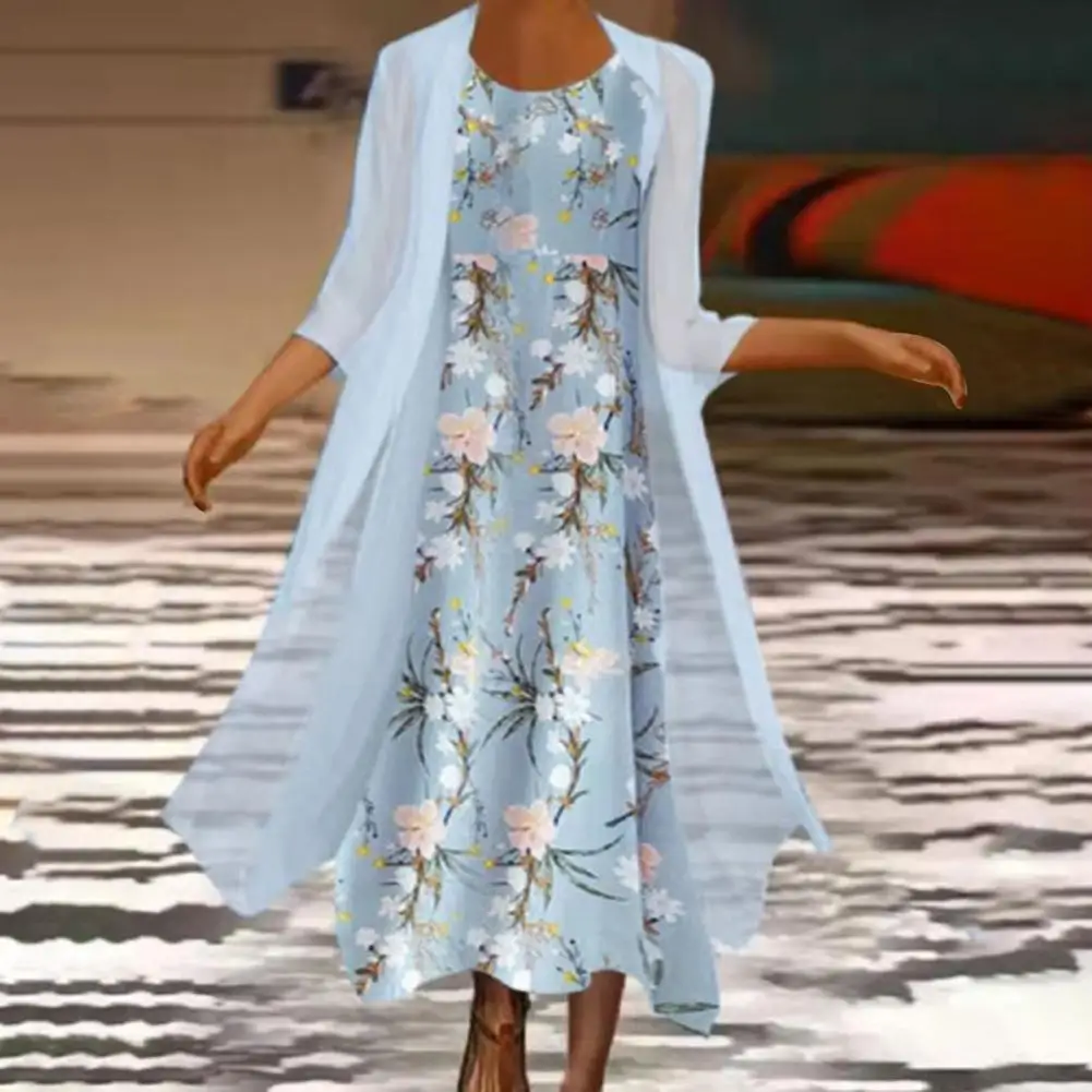 

1 Set Office Lady Cardigan Dress Floral Print Large Hem Spring Summer Vintage Chiffon Dress Set for Party