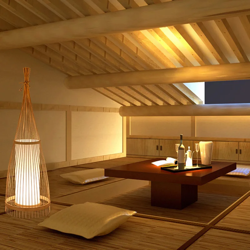 

Wind Floor Lamp Bamboo Woven Zen Bedroom Living Room Contracted Vertical Tea Room Table Lamp Japanese Tatami Tatami Retro LED 90