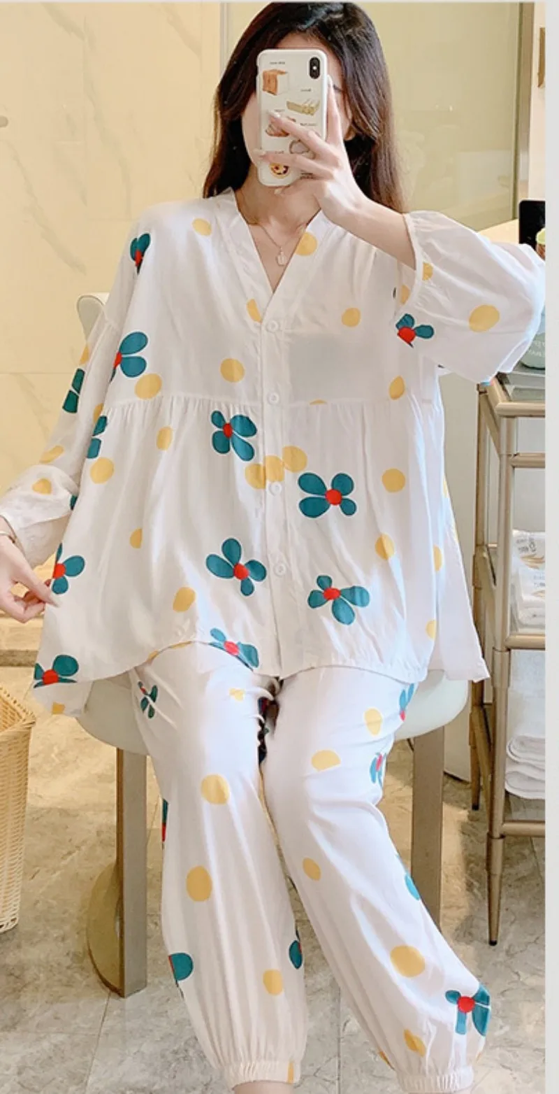 Girls' Cotton Clothes Cardigan V-neck Nine Minutes Two Pieces Young Women Thin Sweet And Lovely Spring And Autumn Pajamas 2022