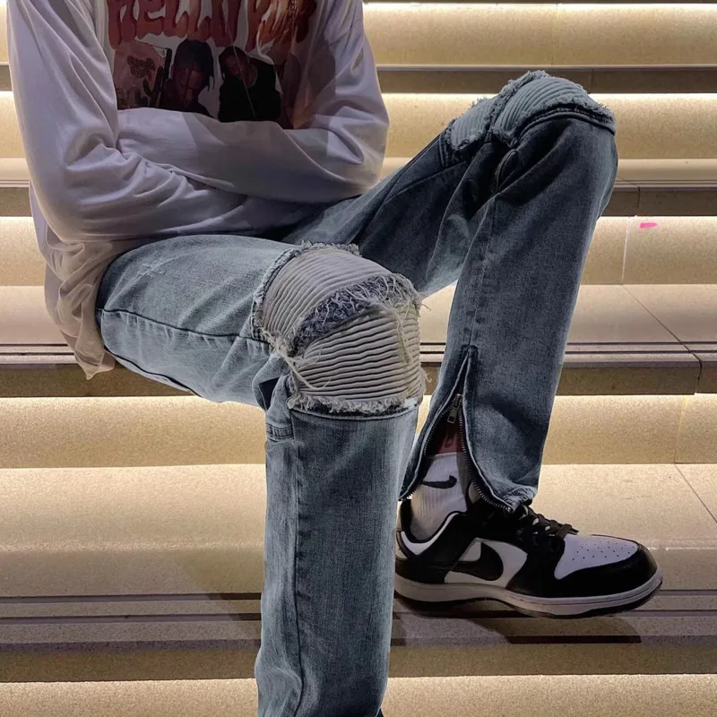 Summer Blue Skinny Jeans Men Slim Fashion Casual Ripped Straight Jeans Men Streetwear Hip Hop Hole Denim Pants Mens Trousers