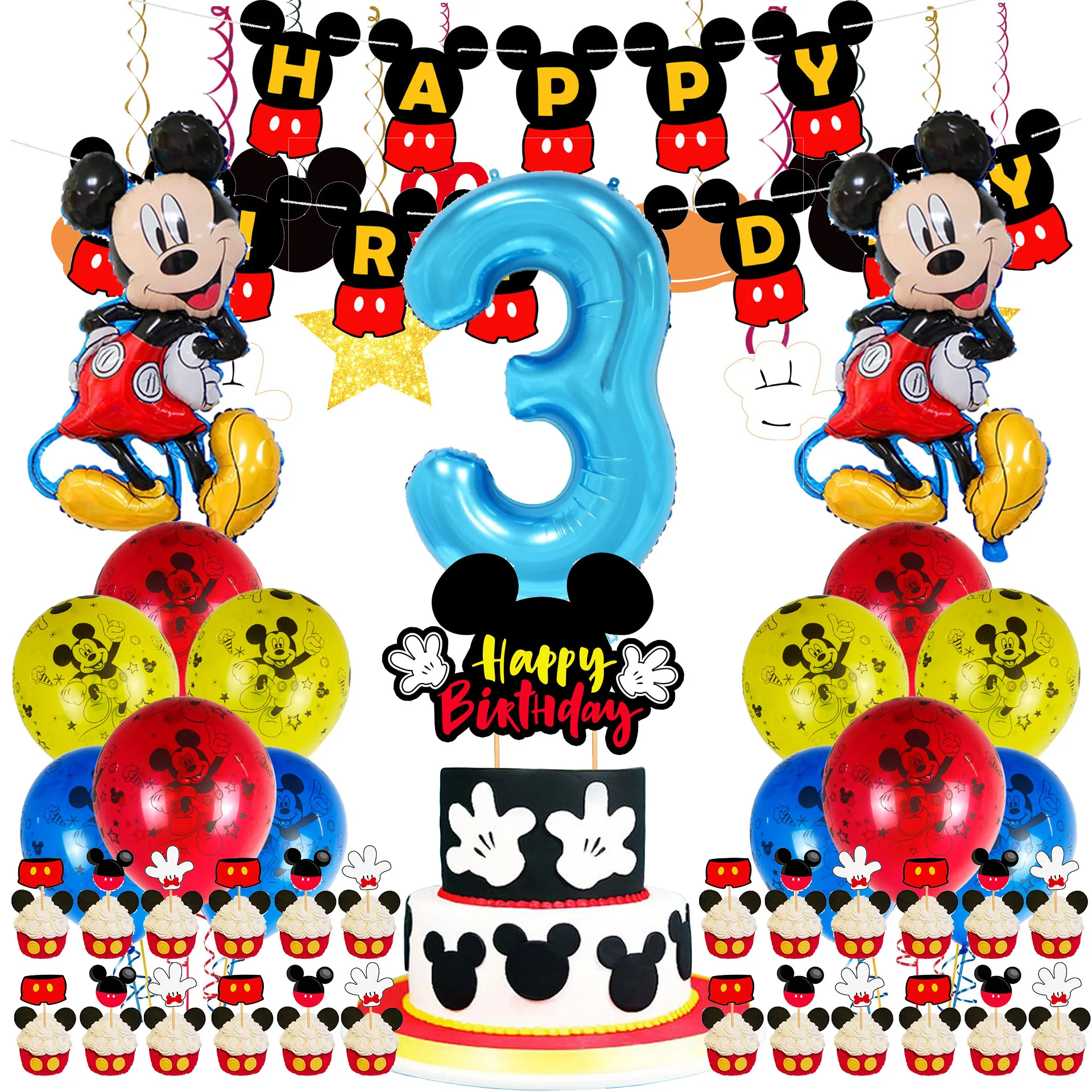 Mickey Mouses Theme Party Supplies Happy Birthday Banner Cucake Cake Topper Number 1 2 3Balloon For Baby Shower Party Decoration