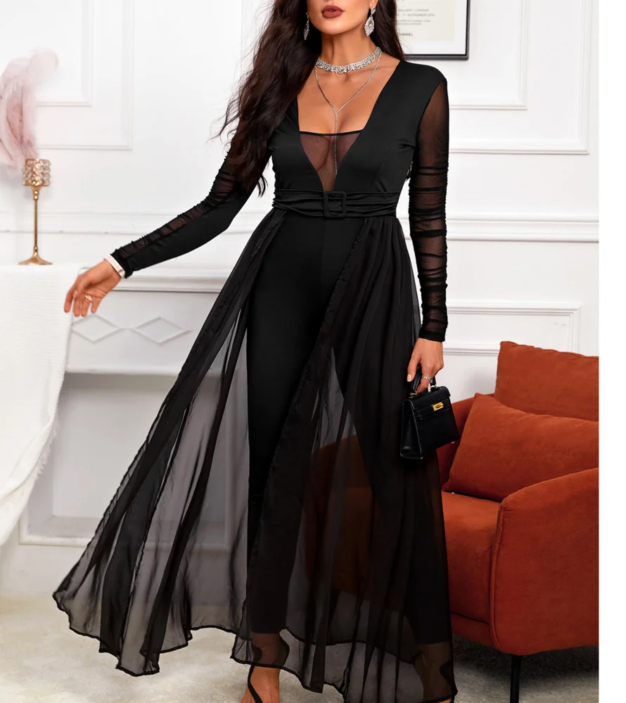 

Women's Black Long Sleeve Mesh Splicing Deep V Mop Jumpsuit