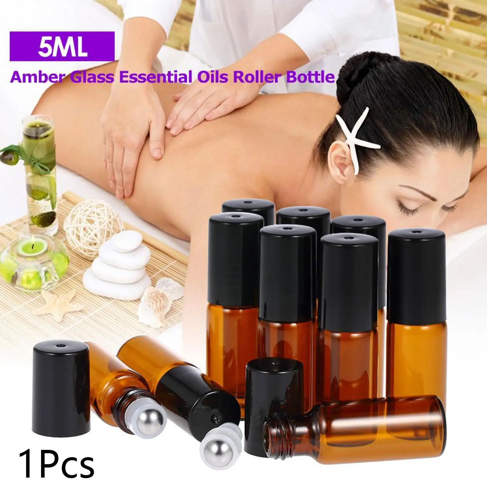 

1/5pcs 5ml Amber Glass Roll On Vial Aromatherapy Essential Ball Roller Oil With Bottles & Brushed Metal W2J8