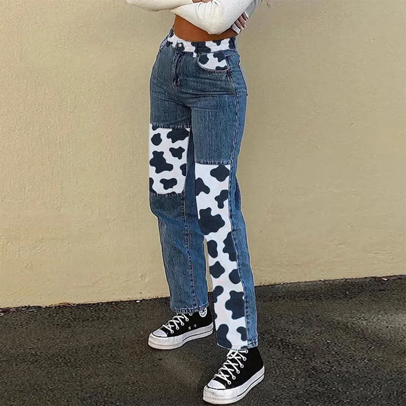 

Women's Fashion Boyfriend Mom Jeans 2021 Patchwork Milk Cow Black Wide Denim Pants for Girls High Waist Large Size Blue Bottoms