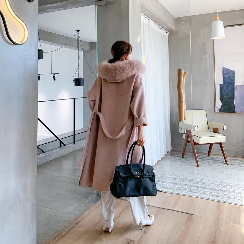 FURYOUME 2022 Winter Women Real Fur Coat Oversize Loose Cashmere Wool Blends Jacket Natural Fox Fur Trim Hood Outerwear Belt