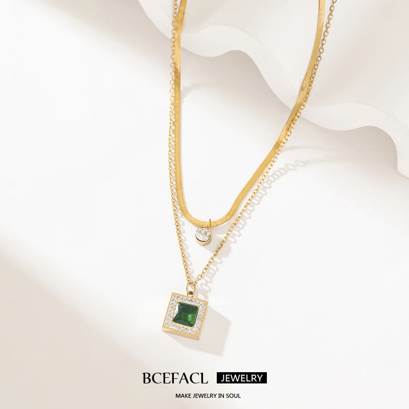 

Ожерелье BCEFACL из нержавеющей стали 316L с квадратным зеленым цирконием для женщин и девушек, модная многослойная цепочка, ювелирные изделия, креативный подарок