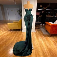 dark green mermaid evening dresses for women spaghetti side split sweep train pleats crystal prom party gowns vestidos de noche