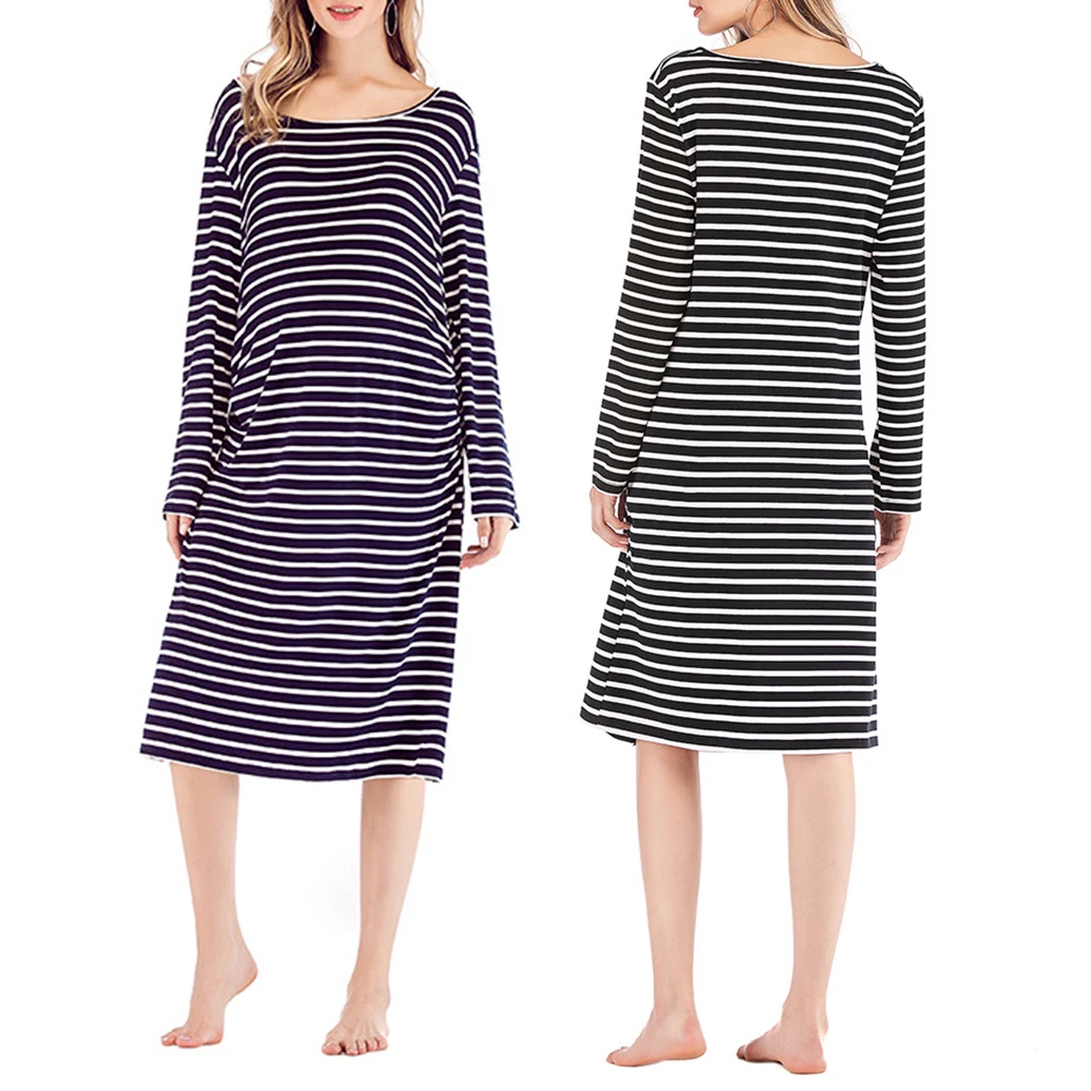 

2019 New Pregnant Women Nighty Dress Women Long Sleeve Striped Excellent Modal Pullover Leisure Ladies Daily Sleeping Robes