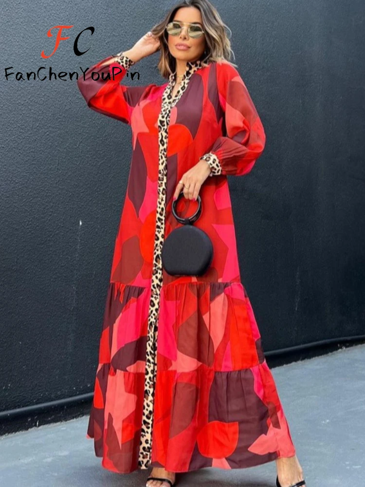 Женское платье-макси на пуговицах Элегантное Длинное Платье с принтом и
