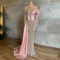 sevintage exquisite crystal beading sequined satin mermaid evening dresses long sleeves dubai women prom gown formal party dress