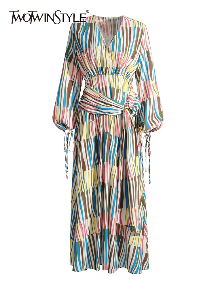 

TWOTWINSTYLE Slim Hit Color Striped Dresses For Women V Neck Lantern Sleeve High Waist Patchwork Folds Dress Female Fashion 2023