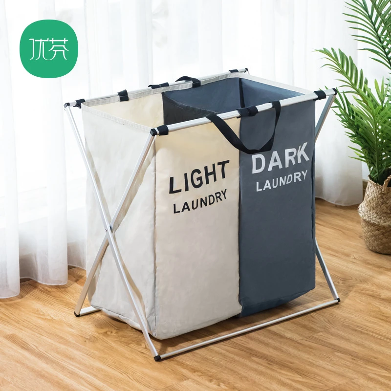 

Beige color matching X-type foldable dirty laundry laundry basket 2/3 section dormitory laundry basket to organize laundry bags