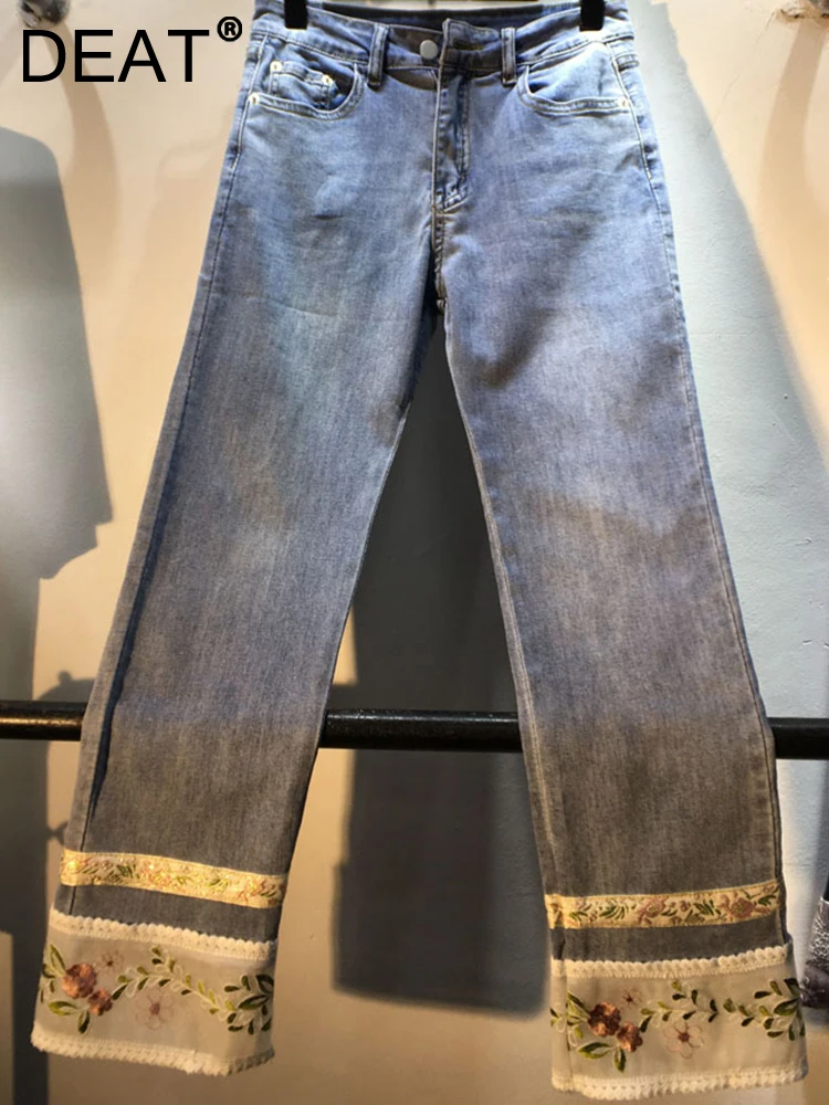 

Женские джинсы с вышивкой DEAT, синие прямые брюки до щиколотки с сеткой и высокой талией, с карманами, модель 29L719 на лето, 2023