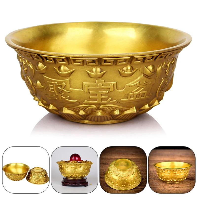 

Bowl Offering Basin Water Treasure Feng Shui Fruit Altar Golden Brass Meditation Cup Holder Wealth Supplies Good Money Lucky