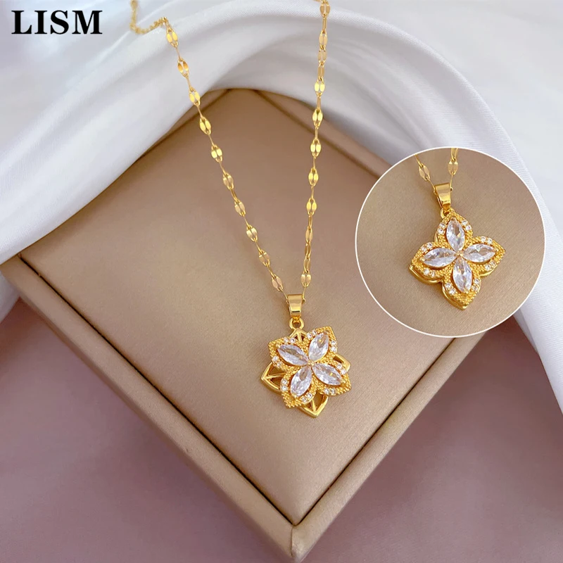 

LISM 316L Stainless Steel Exquisite Rotating Flowers Micro-inlaid Zircon Pendant Necklace For Women Party Luxury Jewelry