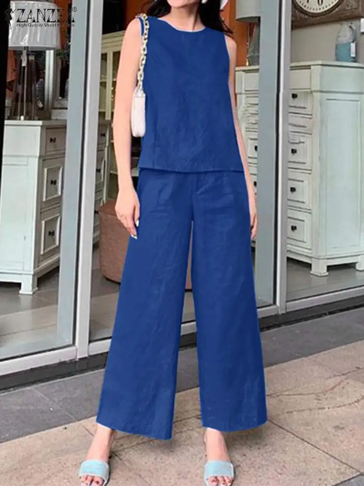 

ZANZEA Fashion Matching Sets Summer Work Outfits Women Sleeveless O Neck Blouse and Wide Leg Pants Causal 2-piece Sets Tracksuit