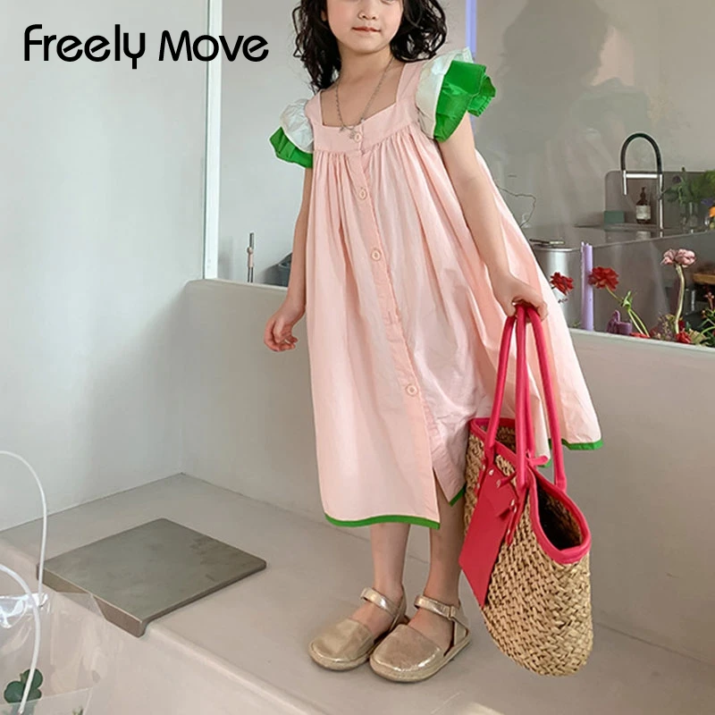 

Freely Move Summer Dress For Girls 3-8 Years Square Collar Ruffle Short Sleeve Clothes Children New Fashion Button Party Costume