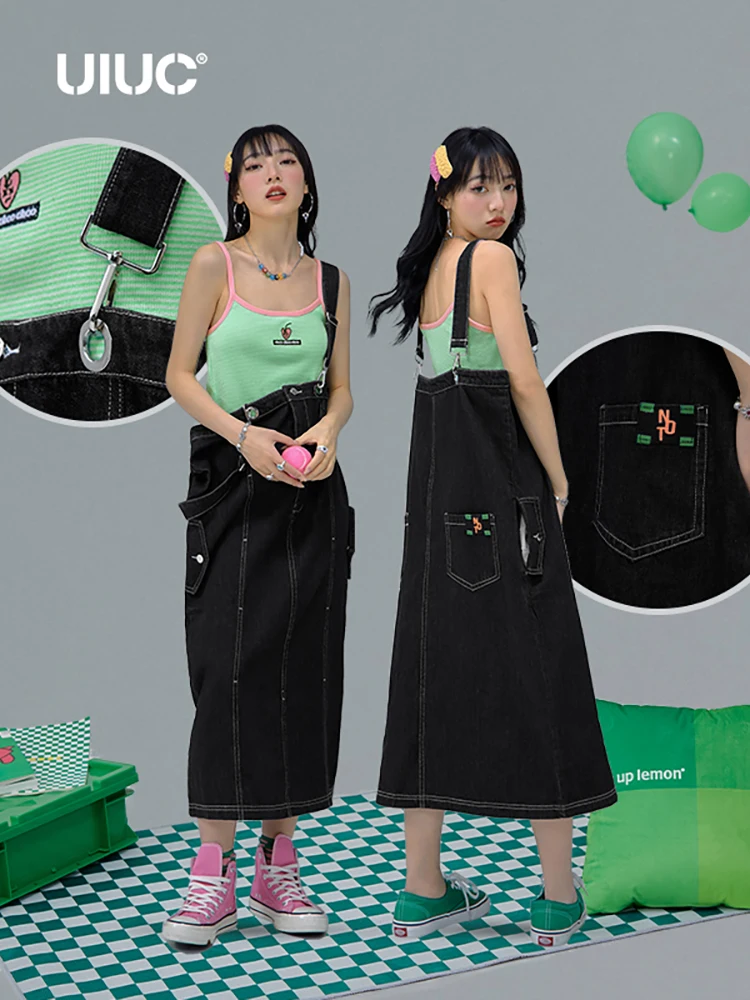 

UIUC Black Denim Overalls Skirts Female Loose Jumper Dungarees Skirts