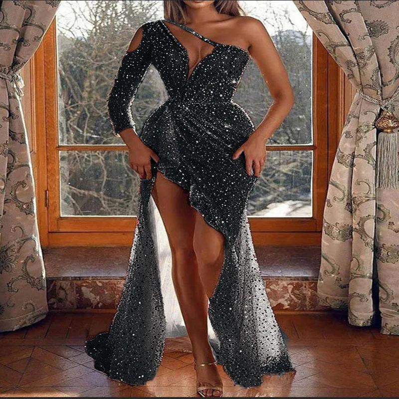 Celebrity Party Party Quality Sexy High Split Long Sleeve Sequins Party Evening Dress