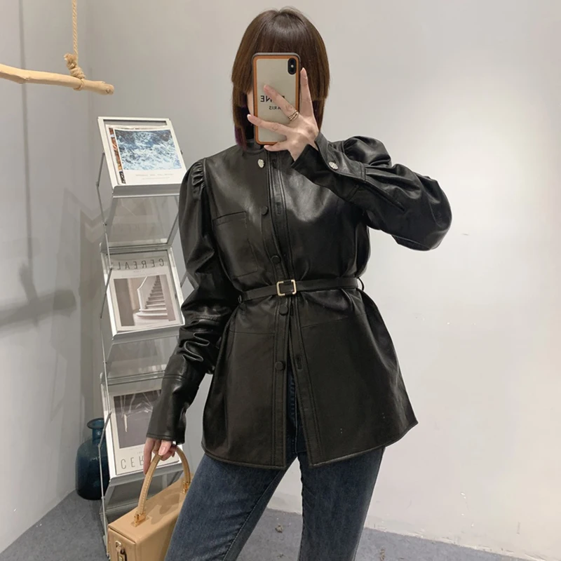 Ladies Real Leather Jacket Solid Puff Sleeve Lace-Up Vegetable Tanned Leather Coats Belt Elegant 2022 Autumn Streetwear CL4031
