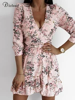 dicloud summer dresses for women 2022 elegant pink floral print v neck ruffle casual dress daily party holiday female clothing