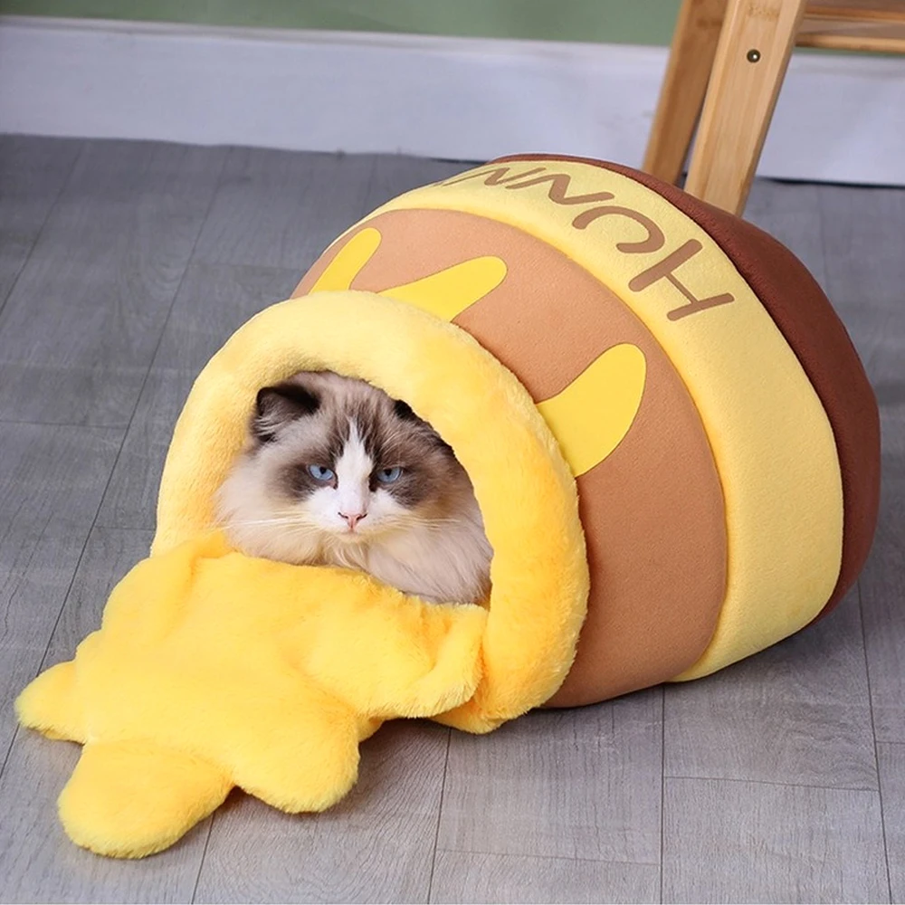 

Honey Jar Pet Cat Bed Yellow Pot Cat Nest Warm Cute Plush Kitten House Mat Soft Cats Cushion Basket Puppy Kennels 60*39*32CM