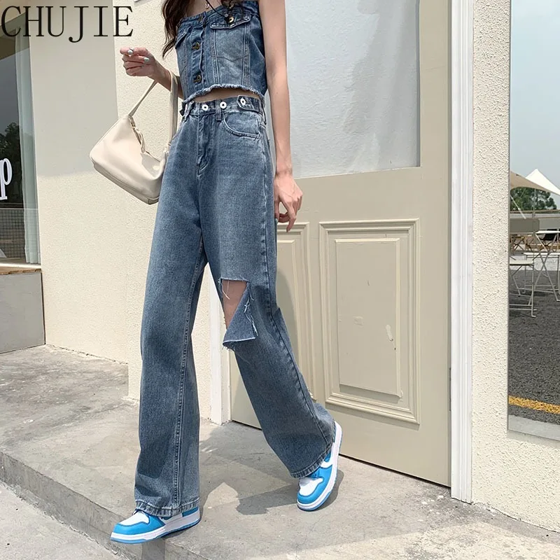 

2022 Women Ripped Jeans Streetwear High Waist Trousers Leisure Baggy Vintage Blue Femme Jeans Mom Straight Denim Pants