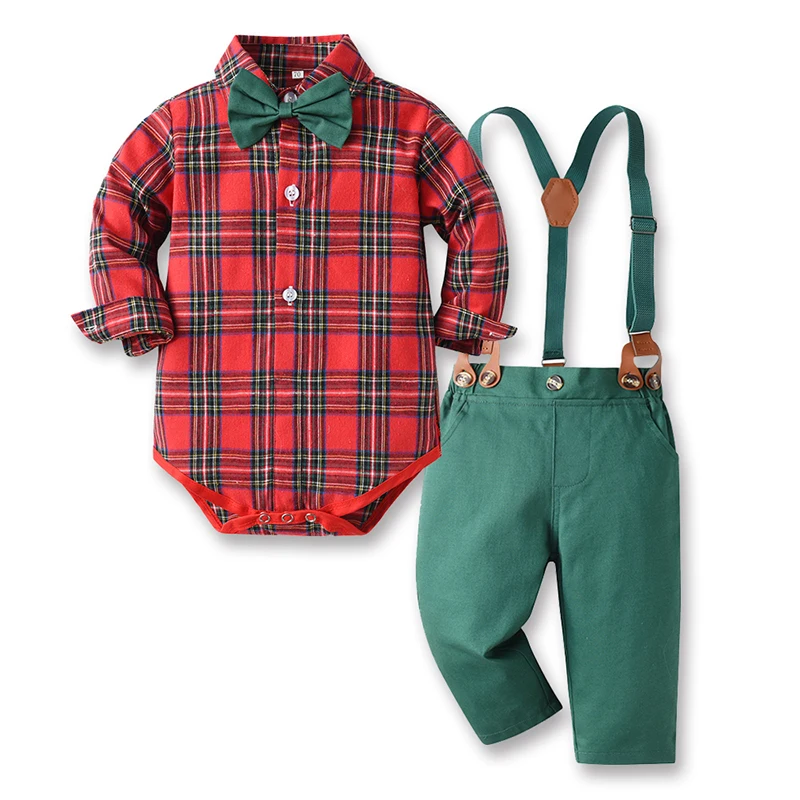 

Toddler Boy 2 Piece Christmas Suit Plaid Long Sleeve Romper with Bow Tie and Overalls for Fall Formal Outfit