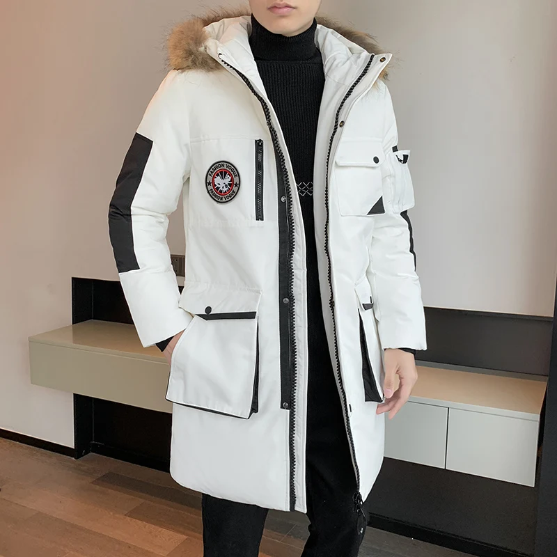 

Мужской зимний пуховик, новая корейская мода, свободная куртка с капюшоном, ветрозащитный однотонный длинный пуховик с мягкой оболочкой для мужчин