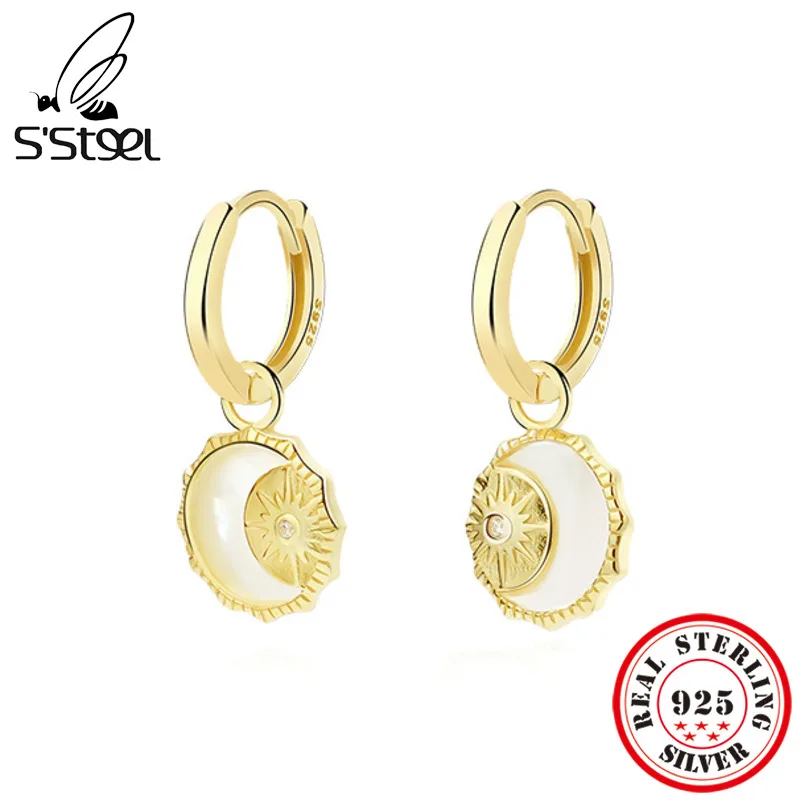 

S'STEEL Certified 925 Sterling Silver Sun Shell Gold Luxury Earrings For Women Vintage Dangle Earings Fashion Jewelry 2022