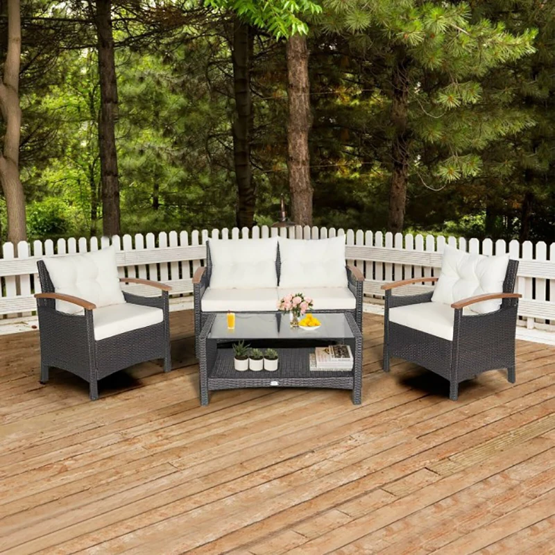 

4 Pieces Patio Rattan Furniture Set with Cushioned Sofa and Storage Table Garden Coffee Table Conversation Table