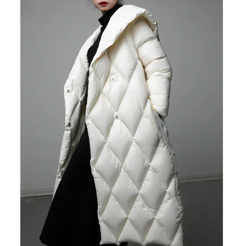 Женский длинный пуховик с капюшоном теплый гусиным пухом зима 2024