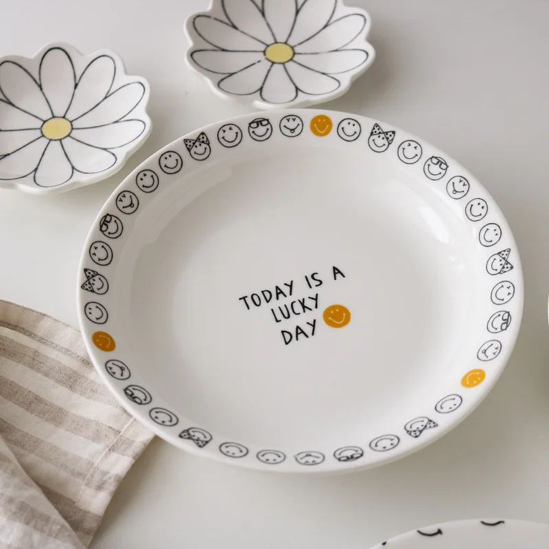 

Creative Smiley Face Ceramic Plate Retro Ins English Letter Breakfast Plate Salad Dessert Bowl Dinner Plate