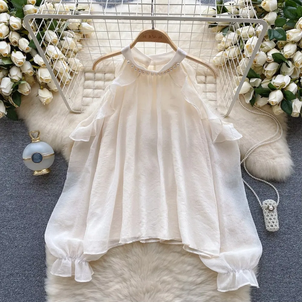 Женская шифоновая блузка с открытыми плечами и длинными рукавами вышитыми